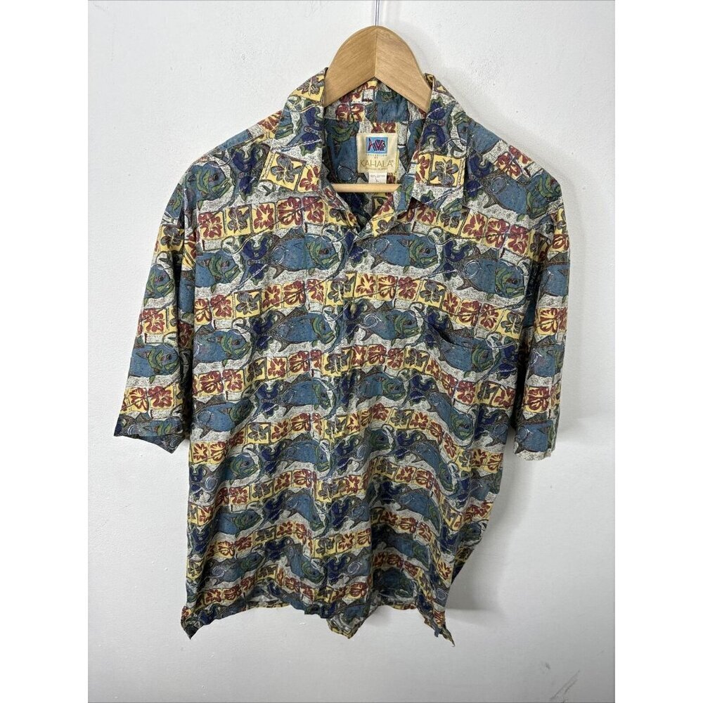 KAHALA AVI Collection Vintage 80s Hawaiian Shirt Fish Mahi Print Men L